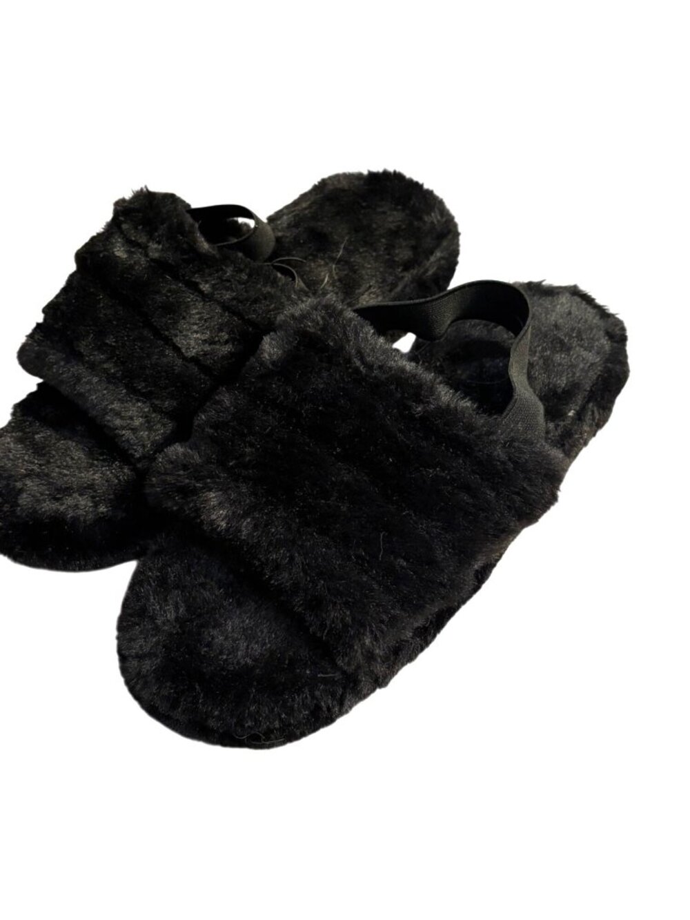 Black Faux Fur Open-Toe Slippers Elastic Back Strap Soft Plush Lining Sz Small
